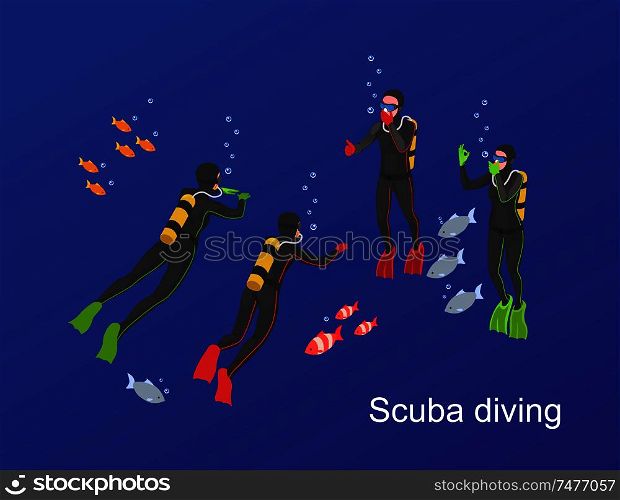 Water sports isometric with scuba diving and group of four people swim in the sea vector illustration