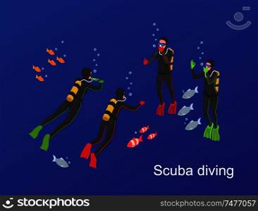 Water sports isometric with scuba diving and group of four people swim in the sea vector illustration