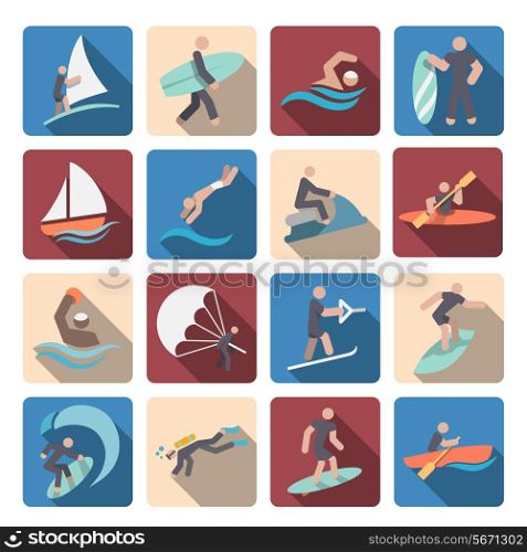 Water sports summer extreme activity colored pictogram icons set isolated vector illustration