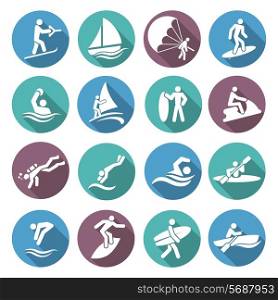 Water sports white icons set with diving sailing windsurfing people isolated vector illustration