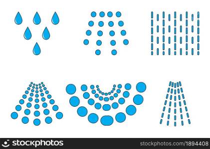 Water spray drops. Aqua blue liquid spraying from sprayer or shower. Vector illustration isolated on white background.