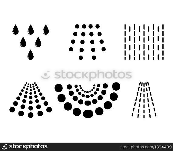 Water spray drops. Aqua liquid spraying from sprayer or shower. Black shape symbol. Vector illustration isolated on white background.