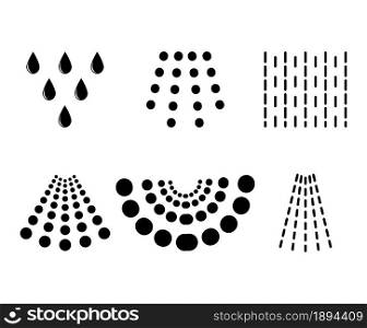 Water spray drops. Aqua liquid spraying from sprayer or shower. Black shape symbol. Vector illustration isolated on white background.