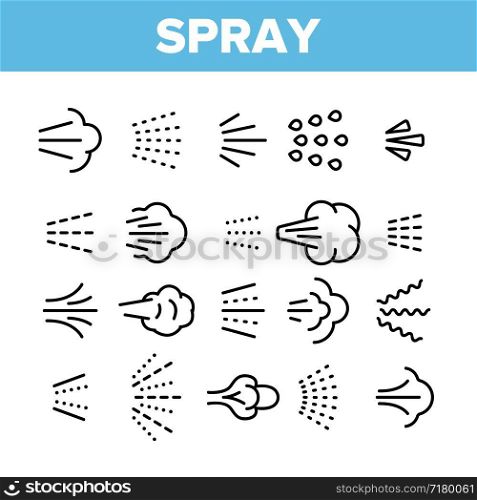 Water, Steam, Liquid Spray Vector Linear Icons Set. Letting Water, Air Through Pulverizer. Sprinkler Distributing Drops Of Liquid Lineart Design. Spraying Smoke, Steam And Gases Thin Line Illustration. Water, Steam, Liquid Spray Vector Linear Icons Set