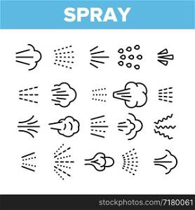 Water, Steam, Liquid Spray Vector Linear Icons Set. Letting Water, Air Through Pulverizer. Sprinkler Distributing Drops Of Liquid Lineart Design. Spraying Smoke, Steam And Gases Thin Line Illustration. Water, Steam, Liquid Spray Vector Linear Icons Set