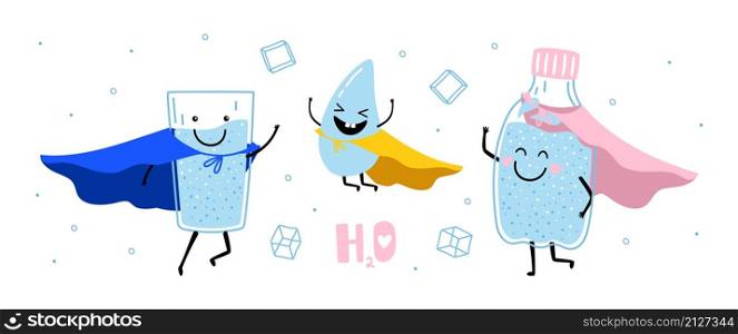 Water super heroes. Clean healthy drinks, cute smile eco lifestyle, h2o vector banner. Water super heroes