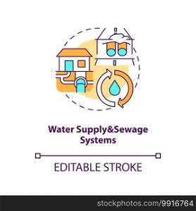 Water supply and sewage systems concept icon. Sewer pipeline. Waste management. Civil engineering idea thin line illustration. Vector isolated outline RGB color drawing. Editable stroke. Water supply and sewage systems concept icon