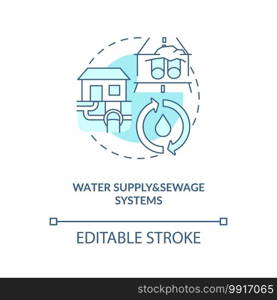 Water supply and sewage systems turquoise concept icon. Sewer pipeline. Waste management. Civil engineering idea thin line illustration. Vector isolated outline RGB color drawing. Editable stroke. Water supply and sewage systems turquoise concept icon
