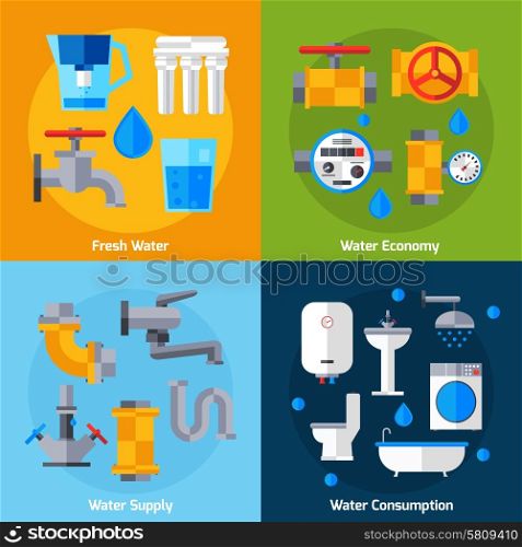 Water supply design concept set with economy and consumption flat icons isolated vector illustration. Water Supply Set