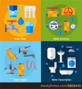 Water supply design concept set with economy and consumption flat icons isolated vector illustration. Water Supply Set