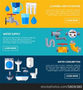 Water supply economy and consumption horizontal banners set isolated vector illustration. Water Supply Banners