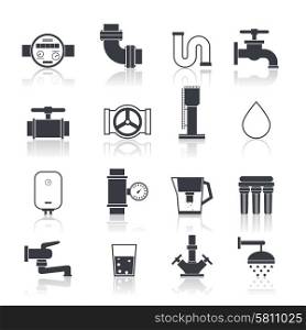 Water supply icons black set with sink bathtub bathroom accessories isolated vector illustration. Water Supply Icons Black