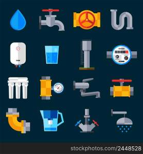 Water supply icons set with bathroom sink and shower equipment isolated vector illustration. Water Supply Icons