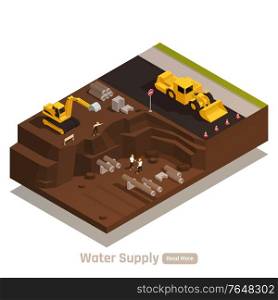 Water supply system isometric web page element with bulldozer excavator digging trenches for pipes installation vector illustration