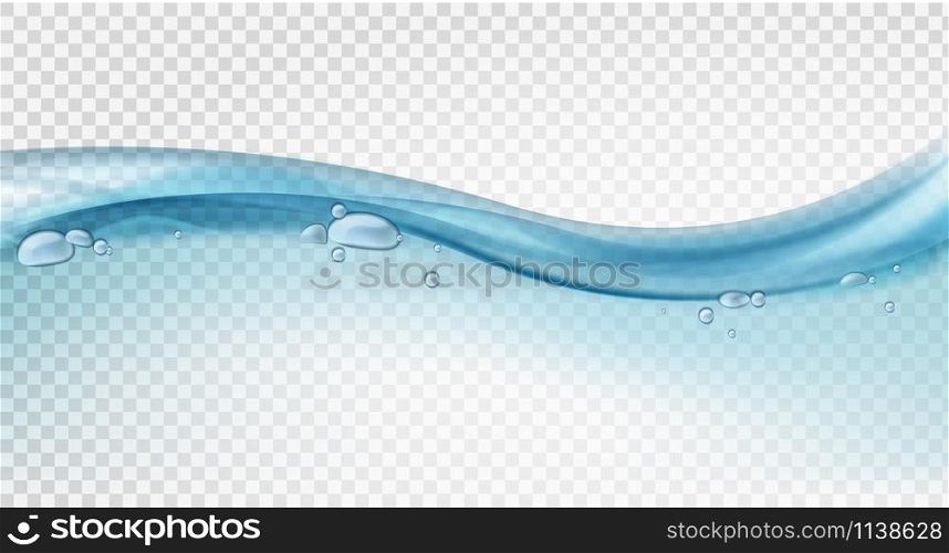 Water surface. Blue ocean wave, liquid motion, splashes and water bubbles in swimming pool, clear ecological sea line horizon transparent isolated vector texture. Water surface. Blue ocean wave, liquid motion, splashes and water bubbles in swimming pool, sea line horizon transparent isolated vector texture