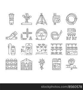water system irrigation sprinker icons set vector. garden agriculture farm, drip field, automatic pipe, lawn spray, plant pump irrigate water system irrigation sprinker black contour illustrations. water system irrigation sprinker icons set vector