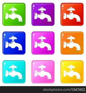 Water tap icons set 9 color collection isolated on white for any design. Water tap icons set 9 color collection