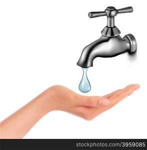 Water tap with drop and hand. Vector illustration.