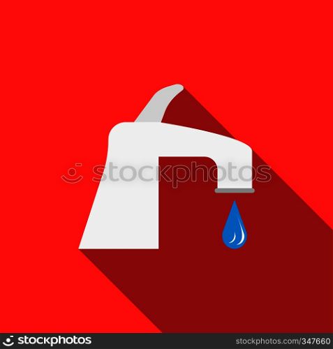 Water tap with drop icon in flat style on a red background. Water tap with drop icon, flat style