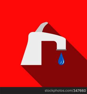 Water tap with drop icon in flat style on a red background. Water tap with drop icon, flat style