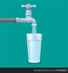 Water tap with glass. Kitchen faucet. Glass of clean water. Filling cup beverage. Pouring fresh drink. Vector illustration in flat style. Water tap with glass.