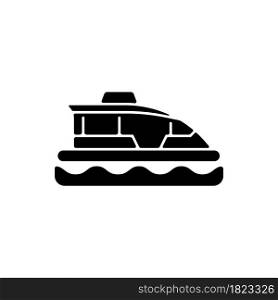 Water taxi black glyph icon. Traveling across harbour. Water bus. Small yellow boat on river. Ferry service. Sightseeing trip. Silhouette symbol on white space. Vector isolated illustration. Water taxi black glyph icon