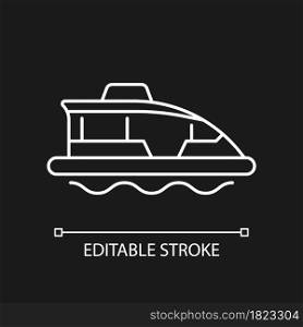 Water taxi white linear icon for dark theme. Traveling across harbour. Water bus. Ferry service. Thin line customizable illustration. Isolated vector contour symbol for night mode. Editable stroke. Water taxi white linear icon for dark theme