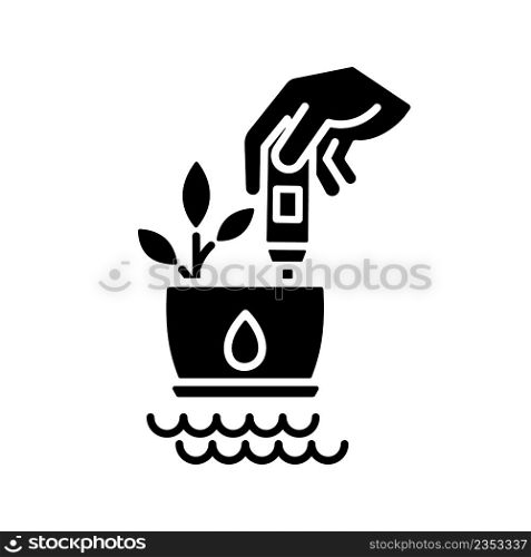 Water temperature measurement black glyph icon. Use water of room temperature. Watering plants. Thermometer. Silhouette symbol on white space. Solid pictogram. Vector isolated illustration. Water temperature measurement black glyph icon