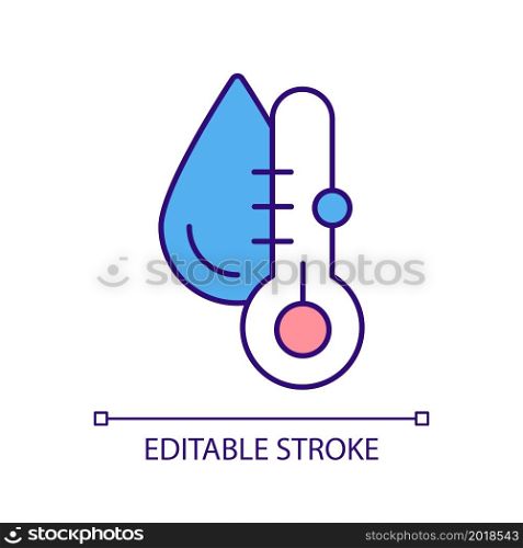 Water temperature measurement RGB color icon. Using thermometer for checking water condition. Measure hot and cold fluids. Isolated vector illustration. Simple filled line drawing. Editable stroke. Water temperature measurement RGB color icon