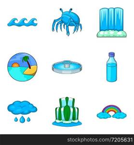 Water test icons set. Cartoon set of 9 water test vector icons for web isolated on white background. Water test icons set, cartoon style