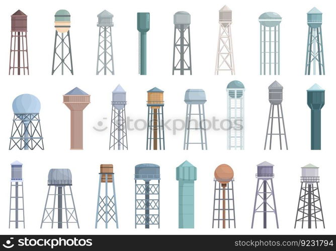 Water tower icons set cartoon vector. Industrial tank. Construction tower. Water tower icons set cartoon vector. Industrial tank