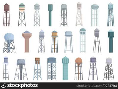 Water tower icons set cartoon vector. Industrial tank. Construction tower. Water tower icons set cartoon vector. Industrial tank