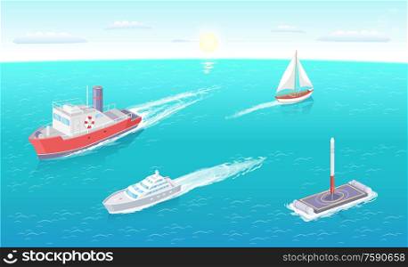 Water transport ferry and yacht different types of vessels set vector. Platform and rocket ready for launching. Transportation of people sailing boat. Water Transport Ferry and Yacht Types Set Vector