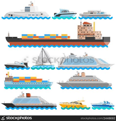 Water transport flat decorative icons set of dry cargo ships cruise liners yachts sailboats isolated vector illustration . Water Transport Flat Decorative Icons Set