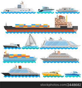 Water transport flat decorative icons set of dry cargo ships cruise liners yachts sailboats isolated vector illustration . Water Transport Flat Decorative Icons Set