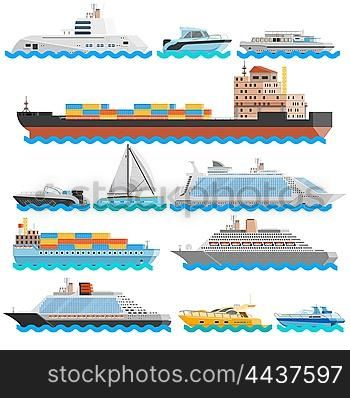Water Transport Flat Decorative Icons Set. Water transport flat decorative icons set of dry cargo ships cruise liners yachts sailboats isolated vector illustration