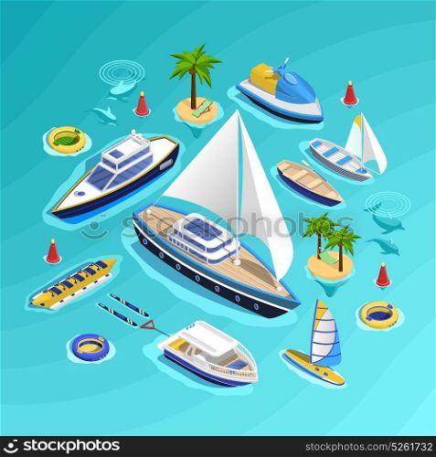 Water Transport Isometric Collection. Sea tourism conceptual composition with set of water carriage vehicles inflatable boats water rides and palm islands vector illustration