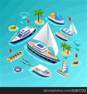 Water Transport Isometric Collection. Sea tourism conceptual composition with set of water carriage vehicles inflatable boats water rides and palm islands vector illustration