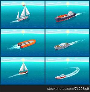 Water transport sailing boat, rowing wooden ship, variety of transportation means vector. Traveling by sea and ocean voyage by cruise liner shipment. Water Transport Sailing Ship Variety Set Vector