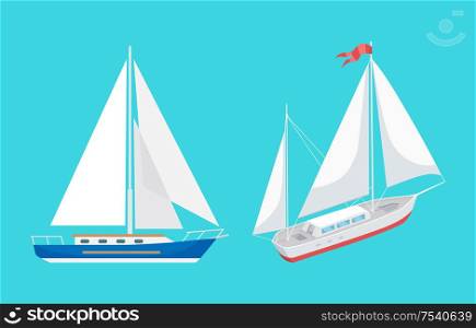 Water transport sailing boat with ribbon on top set vector. Ships for transportations and rides for pleasure. Floating vessels for people to travel. Water Transport Sailing Boat with Ribbon Vector