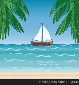 Water transport travel ship across sea river ocean. Cruise. A beach holiday. Vector illustration. Water transport travel ship across sea river ocean.