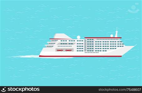 Water transport traveling vessel big comfortable cruise liner for lots of people vector. Sea or ocean trip performed by cozy ship. Travelers safety. Water Transport Traveling Vessel Cruise Vector