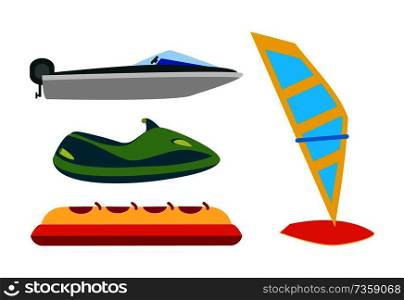 Water transport with equipment cartoon icons set, motor boat or jet ski, inflatable banana and windsurfing board isolated on white, vector illustration.. Water Transport and Equipment Cartoon Icons Set