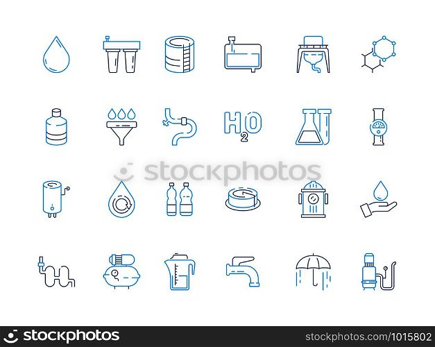 Water treatment icon. Purifier recycling industry container tank filter for water ecosystem wastewater vector colored symbols. Illustration of filtration system, drop and treatment purity. Water treatment icon. Purifier recycling industry container tank filter for water ecosystem wastewater vector colored symbols