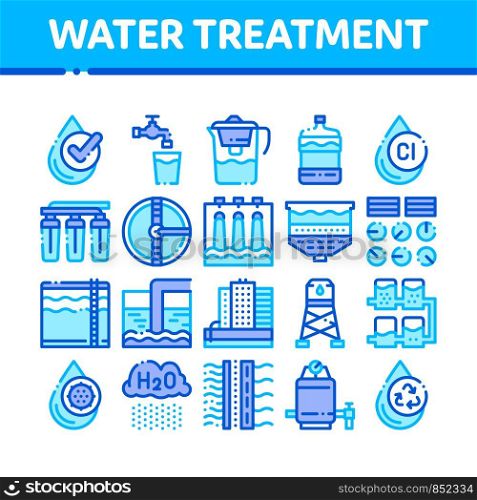 Water Treatment Items Vector Thin Line Icons Set. Filter And Cleaning System Water Treatment Elements From Microbe Germs Linear Pictograms. Rain Cloud And Pump Station Color Contour Illustrations. Water Treatment Items Vector Thin Line Icons Set