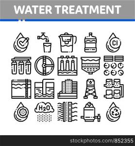 Water Treatment Items Vector Thin Line Icons Set. Filter And Cleaning System Water Treatment Elements From Microbe Germs Linear Pictograms. Rain Cloud And Pump Station Black Contour Illustrations. Water Treatment Items Vector Thin Line Icons Set