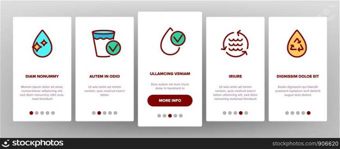 Water Treatment Onboarding Mobile App Page Screen Vector Thin Line. Water Healthy Drop With Mark Of Purity And Recycle, World And Plant Linear Pictograms. Illustrations. Water Treatment Onboarding Vector