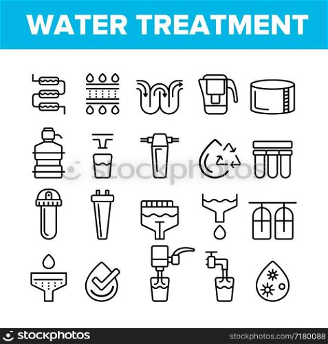 Water Treatment Vector Thin Line Icons Set. Water Treatment, Professional Equipment for Purification Linear Pictograms. Antibacterial Filters, Liquid Cleaning Circles System Contour Illustrations. Water Treatment Vector Thin Line Icons Set
