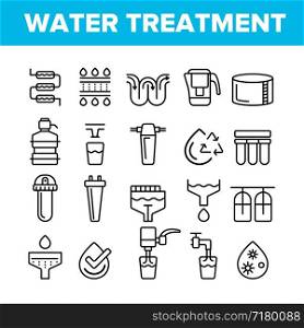 Water Treatment Vector Thin Line Icons Set. Water Treatment, Professional Equipment for Purification Linear Pictograms. Antibacterial Filters, Liquid Cleaning Circles System Contour Illustrations. Water Treatment Vector Thin Line Icons Set