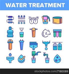 Water Treatment Vector Thin Line Icons Set. Water Treatment, Professional Equipment for Purification Linear Pictograms. Antibacterial Filters, Liquid Cleaning Circles System Contour Illustrations. Water Treatment Vector Color Line Icons Set